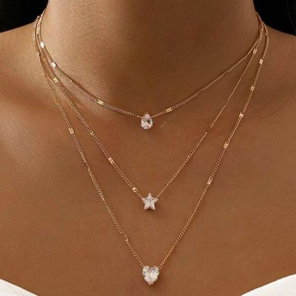 Jewelry set necklace stud earrings layered rhinestones gold tone - Picture 10 of 12